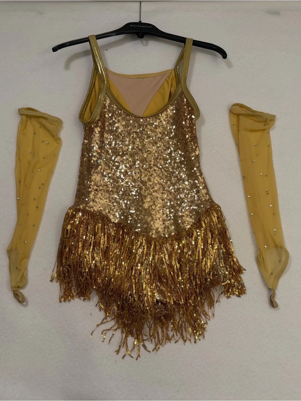 Weissman Gold Sequin Fringe Dance Costume with Matching Accessories